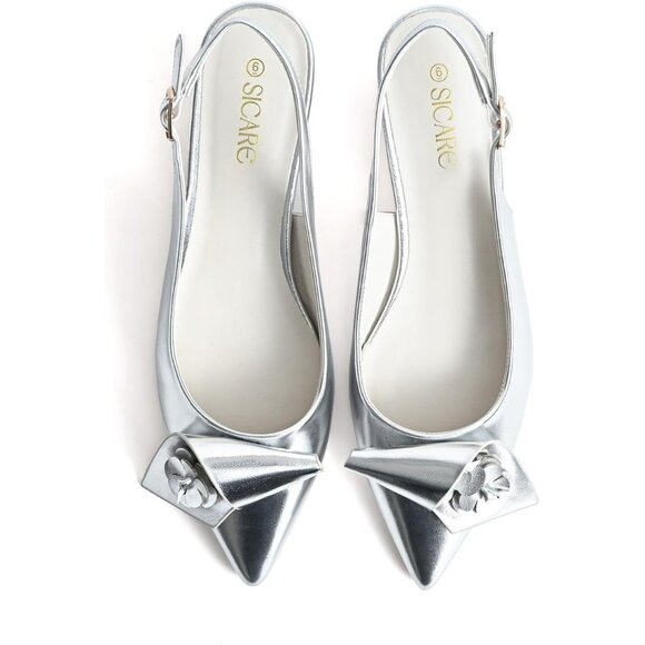 Sicare Slingback Heel Pumps Synthetic Silver Women Flower Block Heel Dress Shoes - Picture 8 of 12